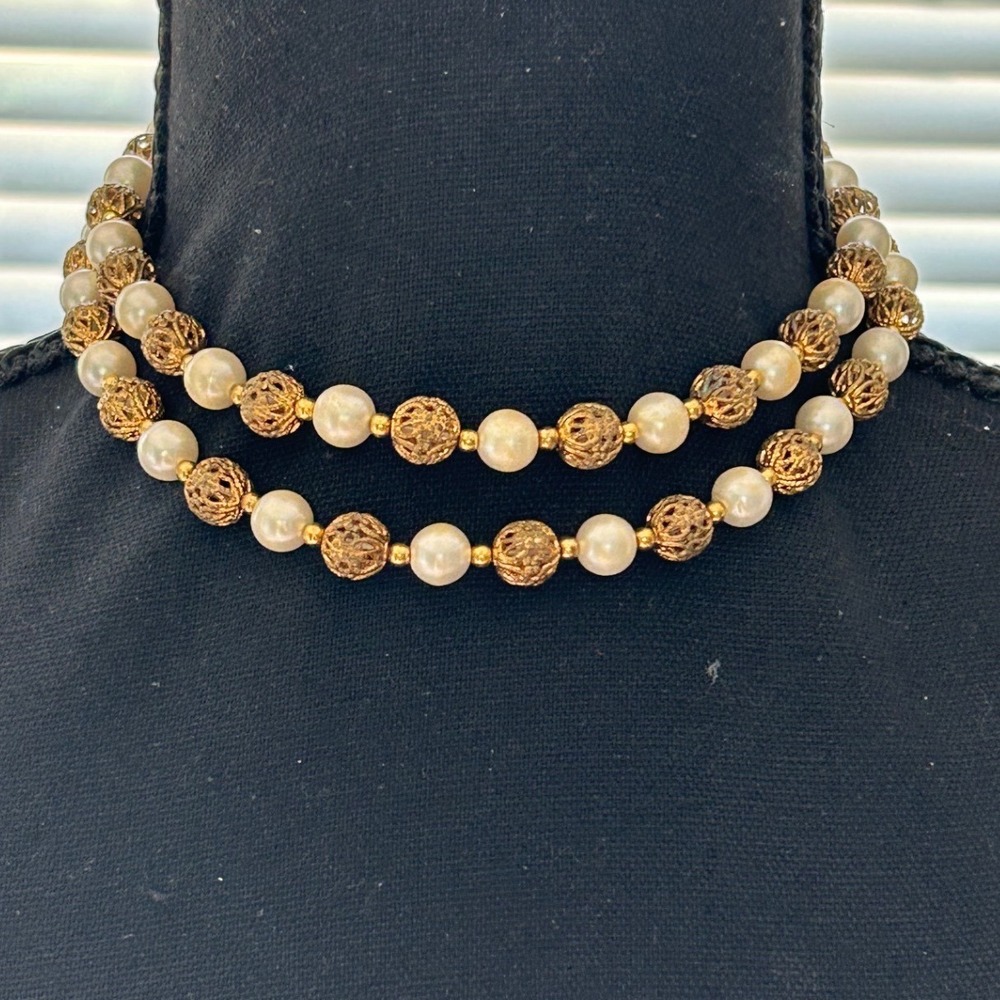 Vintage Faux Pearl Gold Tone Double Strand Choker Necklace Filigree Beads Adj.